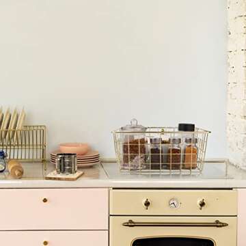 Tonxus 4pcs Wire Kitchen Storage Basket Farmhouse Metal Household Container Storage Organizer Bin Divider with Handle for Pantry,Shelf,Countertop,Refrigerator,Freezer,Cabinet (Gold)