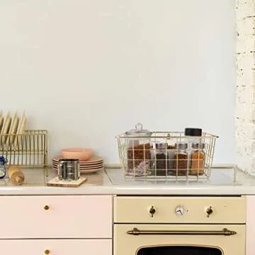 Tonxus 4pcs Wire Kitchen Storage Basket Farmhouse Metal Household Container Storage Organizer Bin Divider with Handle for Pantry,Shelf,Countertop,Refrigerator,Freezer,Cabinet (Gold)