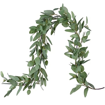 Wofair 5 Feet Eucalyptus Garland Greenery, Artificial Eucalyptus Garland Wedding Decor, Faux Seeded Eucalyptus Garland with Long Oval Leaves, Fake Eucalyptus Vine for Home Office Decoration