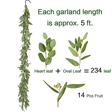 Wofair 5 Feet Eucalyptus Garland Greenery, Artificial Eucalyptus Garland Wedding Decor, Faux Seeded Eucalyptus Garland with Long Oval Leaves, Fake Eucalyptus Vine for Home Office Decoration