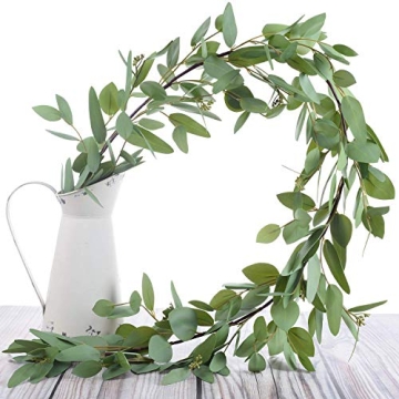 Wofair 5 Feet Eucalyptus Garland Greenery, Artificial Eucalyptus Garland Wedding Decor, Faux Seeded Eucalyptus Garland with Long Oval Leaves, Fake Eucalyptus Vine for Home Office Decoration