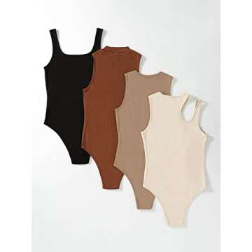 MakeMeChic Women's 4 Piece Sexy Bodysuits Casual Solid Sleeveless Ribbed Knit Shapewear Tank Top Bodysuits Multi#A S