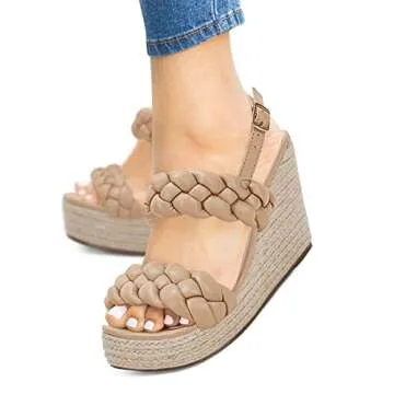 Coutgo Women's Braided Espadrille Platform Wedge Sandals Open Toe Two Strap Ankle Buckle Summer Shoes