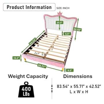 ATY Full Size Princess Bed with Crown Headboard and Lighting Design, Upholstered Platform Bedframe w...