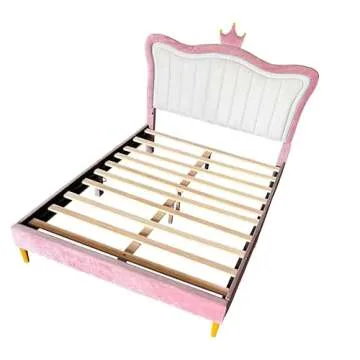ATY Full Size Princess Bed with Crown Headboard and Lighting Design, Upholstered Platform Bedframe w/Slat Supports, for Girls Bedroom,No Box Spring Needed, Pink