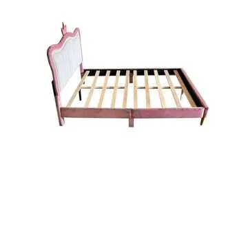 ATY Full Size Princess Bed with Crown Headboard and Lighting Design, Upholstered Platform Bedframe w/Slat Supports, for Girls Bedroom,No Box Spring Needed, Pink