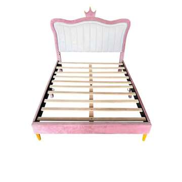 ATY Full Size Princess Bed with Crown Headboard and Lighting Design, Upholstered Platform Bedframe w/Slat Supports, for Girls Bedroom,No Box Spring Needed, Pink