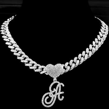 PTJDSMF Cursive Silver Initial Pendant Necklaces Alphabet Pendant Miami Cuban Link Chain Necklace fo...
