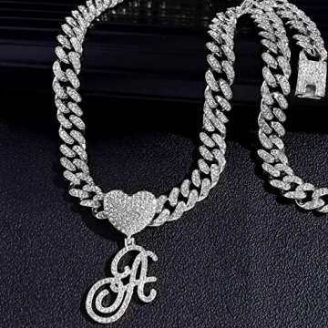 PTJDSMF Cursive Silver Initial Pendant Necklaces Alphabet Pendant Miami Cuban Link Chain Necklace for women Hip Hop Iced Out Letter Chain with Pendant Jewelry … (Cuban Link Chain A)