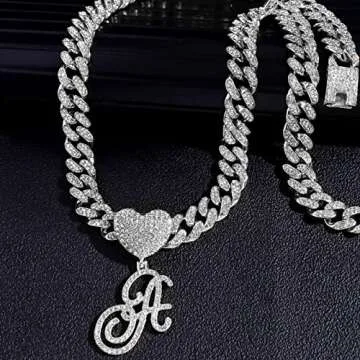 PTJDSMF Cursive Silver Initial Pendant Necklaces Alphabet Pendant Miami Cuban Link Chain Necklace for women Hip Hop Iced Out Letter Chain with Pendant Jewelry … (Cuban Link Chain A)
