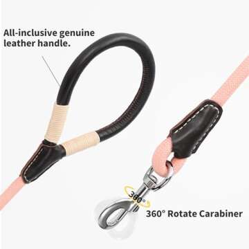 Mile High Life Dog Leash | Strong Rope Dog Leash w Premium Leather Tailor Handle | 4 Feet Dog Leash w Heavy Duty Clasp | Pink Rope Leash for Small Medium Large Dogs | Diameter 1/2"