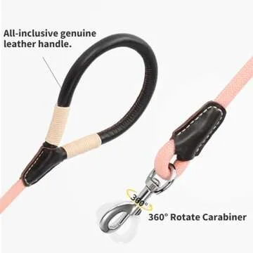 Mile High Life Dog Leash | Strong Rope Dog Leash w Premium Leather Tailor Handle | 4 Feet Dog Leash w Heavy Duty Clasp | Pink Rope Leash for Small Medium Large Dogs | Diameter 1/2"