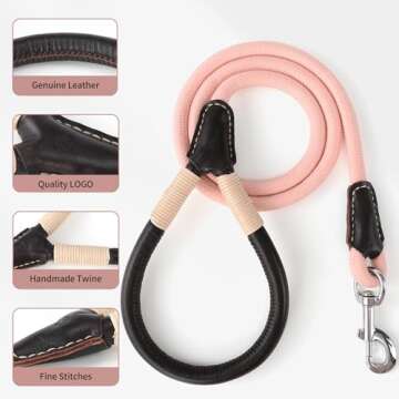 Mile High Life Dog Leash | Strong Rope Dog Leash w Premium Leather Tailor Handle | 4 Feet Dog Leash w Heavy Duty Clasp | Pink Rope Leash for Small Medium Large Dogs | Diameter 1/2"