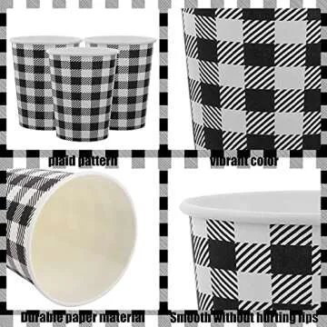 50 PCS Black and White Plaid Paper Cups Gingham Disposable Drinking Cups Checkered Party Paper Cup Buffalo Plaid Tea Coffee Beverage Cup 9oz for Christmas Events Coffee Juice Home Dining Drinkware