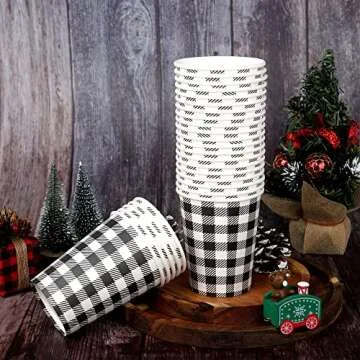 50 PCS Black and White Plaid Paper Cups Gingham Disposable Drinking Cups Checkered Party Paper Cup Buffalo Plaid Tea Coffee Beverage Cup 9oz for Christmas Events Coffee Juice Home Dining Drinkware