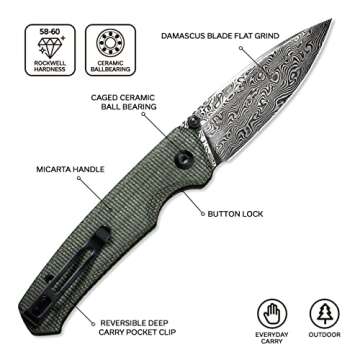 CIVIVI Altus Pocket Folding Knife with Button Lock and Thumb Stud Opener, 2.97" Damascus Blade Green Micarta Handle C20076-DS1