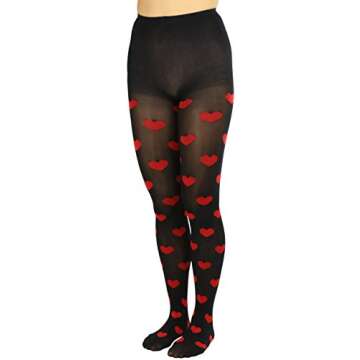 ToBeInStyle Women’s Valentine Opaque Pantyhose w/Large Hearts - Black w/Red Hearts - One Size