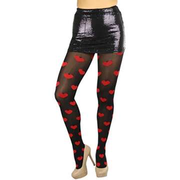 ToBeInStyle Women’s Valentine Opaque Pantyhose w/Large Hearts - Black w/Red Hearts - One Size