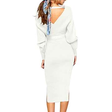 CHERFLY Women's V Neck Sweater Dresses Batwing Long Sleeve Backless Bodycon Long Dress with Belt(Bright White,XX-Large)
