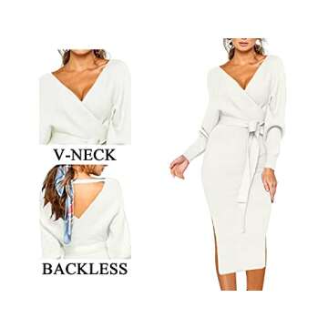 CHERFLY Women's V Neck Sweater Dresses Batwing Long Sleeve Backless Bodycon Long Dress with Belt(Bright White,XX-Large)
