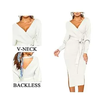 CHERFLY Women's V Neck Sweater Dresses Batwing Long Sleeve Backless Bodycon Long Dress with Belt(Bright White,XX-Large)
