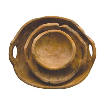 Creative Co-Op Teak Wood Handles Bowl Set of 3
