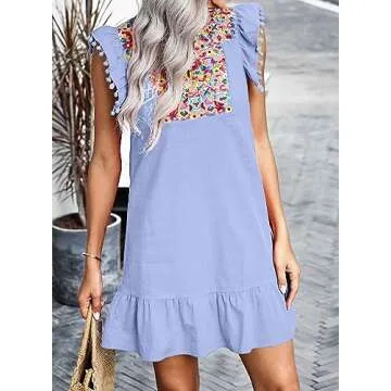 KIRUNDO Women's 2025 Summer Mini Dress Casual V Neck Floral Embroidered Ruffle Sleeveless Shift Flowy Boho Dress (Blue, Large)