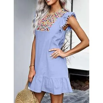 KIRUNDO Women's 2025 Summer Mini Dress Casual V Neck Floral Embroidered Ruffle Sleeveless Shift Flowy Boho Dress (Blue, Large)