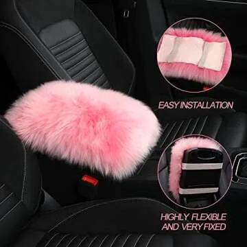 LLB Auto Center Console Cover Pad Universal Fit for SUV/Truck/Car, Genuine Sheepskin Wool Fur Car Armrest Seat Box Cover, Furry Fluffy Auto Armrest Cover Protector (Pink)