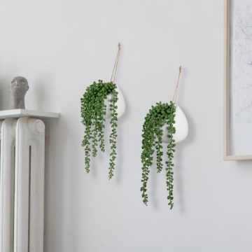 MyGift Artificial Faux String of Pearls Plants in White Ceramic Wall Hanging Planter Pot with Jute Rope, Set of 2