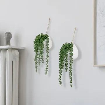 MyGift Artificial Faux String of Pearls Plants in White Ceramic Wall Hanging Planter Pot with Jute Rope, Set of 2