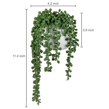 MyGift Artificial Faux String of Pearls Plants in White Ceramic Wall Hanging Planter Pot with Jute Rope, Set of 2
