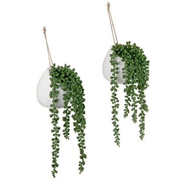 MyGift Artificial Faux String of Pearls Plants in White Ceramic Wall Hanging Planter Pot with Jute Rope, Set of 2