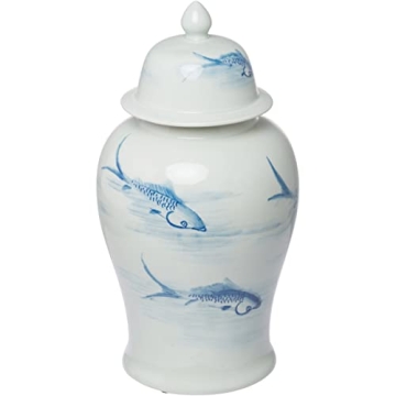 A&B Home Blue & White Porcelain Koi Ginger Jar with Lid,D9.5x19 inch