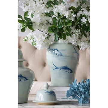 A&B Home Blue & White Porcelain Koi Ginger Jar with Lid,D9.5x19 inch