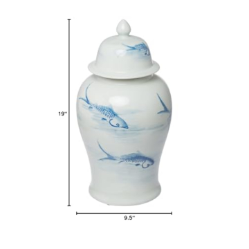 A&B Home Blue & White Porcelain Koi Ginger Jar with Lid,D9.5x19 inch