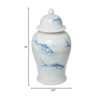 A&B Home Blue & White Porcelain Koi Ginger Jar with Lid,D9.5x19 inch