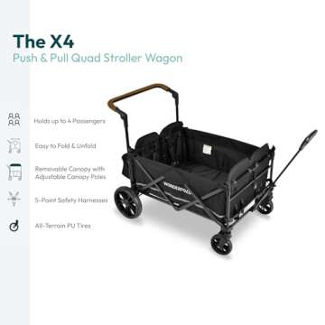 WONDERFOLD X4 Push & Pull Stroller Wagon (4 Seater) - Collapsible Wagon Stroller with Seats with 5-Point Harnesses, Adjustable Push Handle, and Sun Canopy, Black