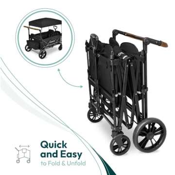 WONDERFOLD X4 Push & Pull Stroller Wagon (4 Seater) - Collapsible Wagon Stroller with Seats with 5-Point Harnesses, Adjustable Push Handle, and Sun Canopy, Black