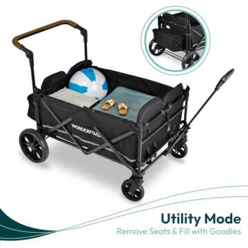 WONDERFOLD X4 Push & Pull Stroller Wagon (4 Seater) - Collapsible Wagon Stroller with Seats with 5-Point Harnesses, Adjustable Push Handle, and Sun Canopy, Black