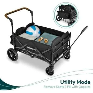WONDERFOLD X4 Push & Pull Stroller Wagon (4 Seater) - Collapsible Wagon Stroller with Seats with 5-Point Harnesses, Adjustable Push Handle, and Sun Canopy, Black