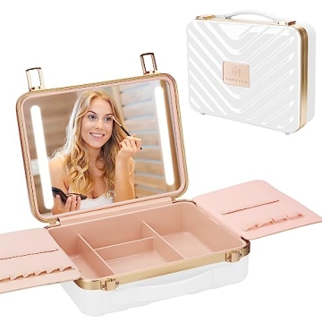 Kalolary Travel Makeup Train Cases with Lighted Mirror 3 Color Setting, Makeup Bag Cosmetic Case Org...