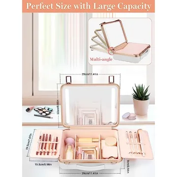 Kalolary Travel Makeup Train Cases with Lighted Mirror 3 Color Setting, Makeup Bag Cosmetic Case Organizer Adjustable Brightness Portable Makeup Storage Box For Makeup Brushes Accessories Tools,White