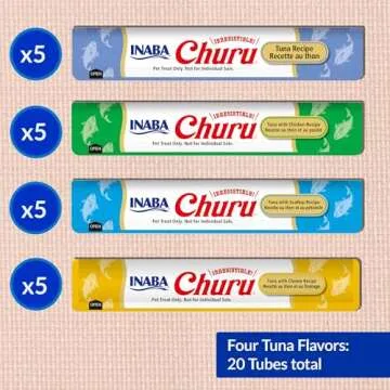 INABA Churu Cat Treats, Lickable, Squeezable Creamy Purée Cat Treat with Green Tea Extract & Taurine, 0.5 Ounces Each Tube, 20 Tubes, Tuna Variety Box