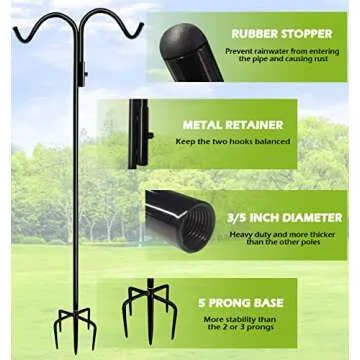 Tuohours 60 Inch Double Shepherd Hook Stand for Outdoor Birdfeeder, Adjustable Two Sided Garden Bird Feeder Pole Holder for Birdhouse Planter Solar Light Lantern, Black, 1 Pack