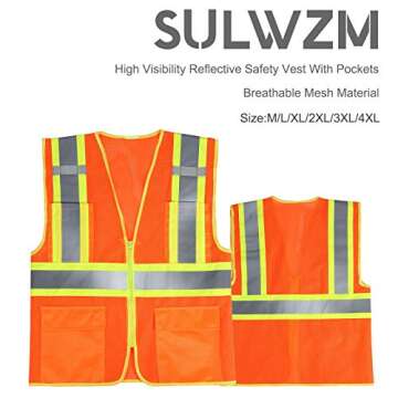 SULWZM High Visibility Reflective Safety Vest with Zipper and Pockets Orange,L