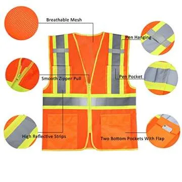 SULWZM High Visibility Reflective Safety Vest with Zipper and Pockets Orange,L