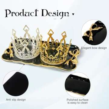 Vintage Decorative Tray Jewelry Tray Towel Tray Storage Tray Rings Necklace Bracelets Earrings Trays Cosmetics Jewelry Organizer Retro Design Bow Decor Resin Plate Coquette Room Decor (Black)