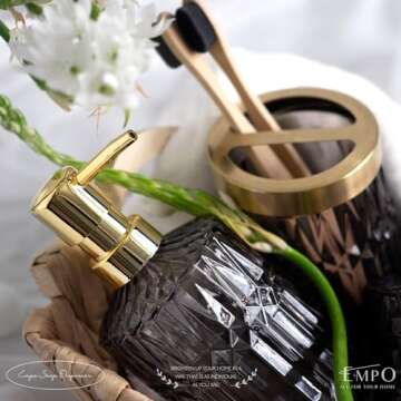 EMPO 6PCS Bathroom Clear Glass Accessories Set (Lotion Soap Dispenser, Soap Dish, Toothbrush Holder, Tumbler, Cotton Swab Jar) Contemporary Modern Decor Crystal Clear Vintage Gift (6pcs Gray)