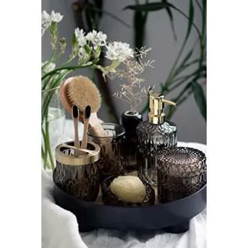 EMPO 6PCS Bathroom Clear Glass Accessories Set (Lotion Soap Dispenser, Soap Dish, Toothbrush Holder, Tumbler, Cotton Swab Jar) Contemporary Modern Decor Crystal Clear Vintage Gift (6pcs Gray)